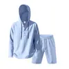 2025 Cruzamento de Fronteiras Europeu e Americano Masculino Solto Linho Casual Tendência Praia Verão Manga Longa Shorts Com Capuz Terno Henry