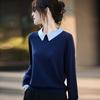 25 Años Principios de Otoño Nuevo Cachemir de Hilo Fino Seda Cuello Polo Tejido de Punto Manga Larga Mujer Bloques de Color Holgado Base Camiseta Superior