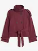 Ropa de Mujer Nueva de Otoño e Invierno Transfronteriza Europea y Americana Amazon Elegante para el Trabajo Cuello Alto Doble Botonadura Cintura con Cordón Chaqueta Cortavientos