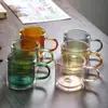 Xícara Pequena com Alça, Listrada Verticalmente e de Camada Dupla, Xícara de Café de Vidro Borossilicato Alto com Revestimento Interno de Vidro Colorido, Copo de Vidro de Camada Dupla