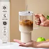 Taza Rompehielos de Vidrio de Borosilicato Alto con Asa Taza con Popote Gran Capacidad Alto Valor para Chicas con Tapa Taza de Café para Oficina