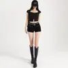 Shorts de Mezclilla Negros con Remaches de Tiro Bajo para Mujer, Nuevo Estilo Primavera 2026, Ajustados, Adelgazantes, Elásticos, Pantalones Cortos Muy Cortos