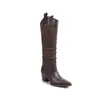 Botas Western Pontudas de Couro Genuíno Vintage, Botas de Cano Alto com Salto Médio para Comércio Transfronteiriço, Botas de Cavaleiro Versáteis com Salto Bloco e Pregas para Mulheres no Outono e Inverno