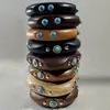 Ornaments Yong Ge Estilo Étnico Europeu e Americano Pulseira Larga de Madeira com Inlay de Turquesa Pulseira Irregular de Madeira Natural Rebitada para Mulheres
