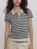 Top de punto a rayas de color contrastante con manga corta y cuello camisero para mujer, estilo verano, simple y adelgazante, adecuado como prenda exterior