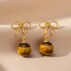 Brincos Maillard Outono e Inverno para Mulheres, Brincos de Luxo Leve de Nicho, Brincos Elegantes Populares Estilo Retrô com Pedra Olho de Tigre