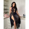 Lencería de Talla Grande con Cuello Halter Vestido Largo de Diosa Transparente con Abertura Alta Encaje 31220