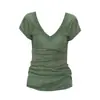 Camiseta de manga corta ajustada para mujer, estilo coreano, semi-transparente, cuello en V bajo, hombros rectos, con diseño único en color verde musgo, top fino
