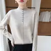 Otoño e Invierno Nuevo Suéter de Punto para Mujer con Dobladillo Enrollado, Cuello Semiabierto, Botones, Capa Interior 100% Lana, Corte Ajustado, Ropa de Abrigo de Capa Base, Manga Larga