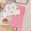 E-commerce Transfronteiriço Outono Roupas Infantis Rosa Morango Manga Longa com Calça de Cor Sólida Micro Flare Conjunto Fresco e Fofo Fabricante