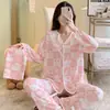 Pijama de Cardigan de Manga Larga y Pantalones para Mujer de Primavera y Otoño, Traje Dulce para el Hogar de Seda de Leche, Pijama para Mujer