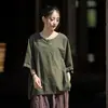 Otoño algodón y lino mujer nuevo diseño original estilo chino suéter modificado ramio lavado a la arena manga corta botón arriba camiseta mujer
