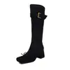 Botas de montaria femininas em camurça estilo coreano, novo modelo de outono, bico quadrado, salto médio grosso, com fivela de cinto e laço, botas finas que vão até o joelho