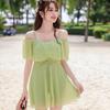Traje de Baño Enterizo Sling para Mujer Verano 2025 Nuevo Conservador Color Sólido Suave Hada Fan Sen Traje de Baño para Niñas al por Mayor