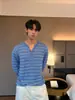 Directo del fabricante: Camiseta de punto de manga larga a rayas para hombre, de estilo americano moderno y corte relajado, un top versátil y casual estilo Henley