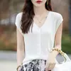 Chaleco sin mangas de punto de lana peinada fina para mujer, color liso, escote en V, con hebilla, holgado, adelgazante, para ir al trabajo, primavera y verano