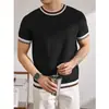 Nueva camisa de punto de manga corta de verano para hombre, con bloques de color y rayas de seda helada, transpirable, corte ajustado, estilo de negocios, versión coreana, venta al por mayor transfronteriza