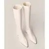 Primeiro encontro botas femininas de cano alto bico fino salto grosso elástico salto médio alto botas de montaria