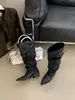 Botas Plisadas de Punta Fina 2026 Otoño/Invierno Nuevo Estilo Hebilla de Cinturón Botas Altas de Monta Botas Largas Plisadas con Tacón Grueso