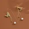 Pendientes de Hilo Elegantes de Oro Real Electrochapado de 14K con Borla de Corazón Hueca de Diamante Completo Mariposa All-match Lujo Ligero