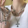 Collar de Cruz de Plata Antigua Hot Girl Crowe Cadena para Clavícula de Estilo Hip Hop Girly Nicho Japonés y Coreano Cadena Cadena de Lana