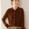 Cardigã de Caxemira com Gola Polo para Mulheres, Malha Canelada de Caxemira de Cabra Cor Sólida, Elegante e Versátil, Jaqueta de Lã que Emagrece