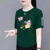 Top casual versátil para mujer, de manga corta estampada, cuello redondo, corte holgado y adelgazante, para comercio exterior transfronterizo, sobrestock de marca, rejuvenecedor