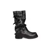 Botas pretas de cano curto para mulheres, estilo de rua retrô, bico quadrado, afinadoras, com fivela de cinto, salto grosso, botas de cano plissado