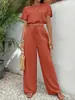 Conjunto de dos piezas de moda y elegante para mujer, camiseta lisa de cuello redondo y pantalones rectos ajustados a la cintura, nuevo estilo de comercio exterior transfronterizo europeo y americano 2026