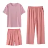 Pijama de Mujer de Tres Piezas Cuello Redondo Pulóver Modelo Algodón Verano Delgado Transpirable Manga Corta Pantalones Cortos Pijama MO