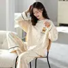 Pijama para Mujer Primavera y Otoño Nuevo Estilo Manga Larga Delgado Talla Grande Lindo Dibujo Animado Conjunto de Dos Piezas Casual Ropa para el Hogar Se Puede Usar Afuera