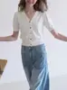 Top de tricô de seda gelada vintage estilo francês com decote em V e manga curta para mulheres, acinturado para o verão, de alta qualidade, que rejuvenesce, fino, de caimento solto, curto