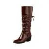 Estilo de comércio exterior 2026, botas de cano alto inspiradas no estilo nômade, bico quadrado pequeno, salto grosso, design plissado, botas femininas, disponíveis para venda transfronteiriça no AliExpress