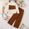 Conjunto de Ropa para Niñas Transfronterizo 2026 Otoño Nueva Moda Patchwork Encaje Camisa de Manga Larga Pantalones Anchos Casuales Conjunto de Dos Piezas