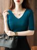 Camiseta de mujer con cuello en V de color liso, base de malla, camiseta de mujer, corte entallado, manga media, estilo occidental, para madre joven, primavera y otoño de 2021