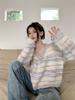 Suéter Feminino Listrado Gola V Macio e Sedoso Estilo Sexy Preguiçoso Inverno 2024 Solto Moda Camada Base Top Ins