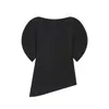Venta al por mayor transfronteriza de ropa europea y americana para mujer, Tops de moda de manga corta tipo burbuja más vendidos en Aliexpress, Tops de cuello redondo con dobladillo asimétrico