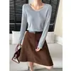 Chegada Nova de Outono Sinan Mistura de Tencel e Lã Gola U Simples Emagrecedora Camiseta de Manga Longa Camada Base SN9218