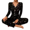 Ropa de Casa Nueva Estilo Transfronteriza con Corbata de Moño, Cuello Camisero, Pijama Estampado de Manga Larga para Mujer, Se Puede Usar Afuera, Conjunto de Dos Piezas con Pantalón Largo