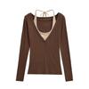 Nuevo Estilo Otoño Temprano Elástico Ligeramente Transparente Sexy Cuello en V Manga Larga Camiseta Estilo Pura Pasión Cuello Halter Cintura Falso Dos Piezas Top para Mujer