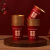 Vasos de papel desechables de papel de aluminio dorado para bodas, utilizados para ceremonias de té, celebraciones de compromiso y como vasos decorativos con caracteres rojos, adecuados para preparativos de boda y como artículos de boda.