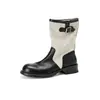 Novas botas curtas femininas estilo coreano em couro genuíno com cabedal em tecido em blocos de cor, bico redondo, salto baixo e fivela de cinto, estilo casual