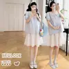 Camisa de Maternidad Azul Fresca con Lazo Estilo Verano 2026 Primer Amor + Falda de Maternidad de Encaje Multicapa