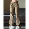 Pantalones de Mezclilla Rectos de Pierna Ancha de Cintura Alta Holgados con Diseño de Grulla de Microcuerno Color Caqui para Mujer, Novedad de Primavera