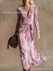 Vestido Transfronteiriço Novo Estilo com Decote em V e Mangas Longas com Elementos de Impressão Digital 3D, Saia Fashion e Personalizada para Marcar a Cintura para Mulheres