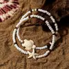 Pulsera de Doble Capa con Cuentas Aleatorias Tricolor Estilo Vacaciones en la Playa Bohemia con Tortuga y Estrella de Mar para Mujer