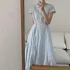 Vestido Largo de Moda Femenina de Alta Gama de Dongdaemun, Corea, Sencillo de Verano, Sensación Fresca, Cuello Redondo, Cinturón para Atar