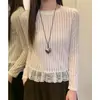 Foto Real # Camiseta de Manga Larga para Mujer, Diseño Otoño e Invierno, Nuevo Estilo 2025, Camiseta Base Holgada con Inserciones de Encaje.