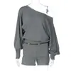 Ropa de mujer europea y americana, nuevo producto de Amazon, sudadera casual corta de color liso, manga larga, cuello asimétrico, hombros descubiertos, con bordes enrollados, traje ajustado para mujer