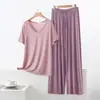 Conjunto de Dos Piezas para Mujer de Verano, Delgado, Manga Corta, Pantalones de Nueve Cuartos, Color Sólido, Elástico, Holgado, Simple, Ropa para el Hogar